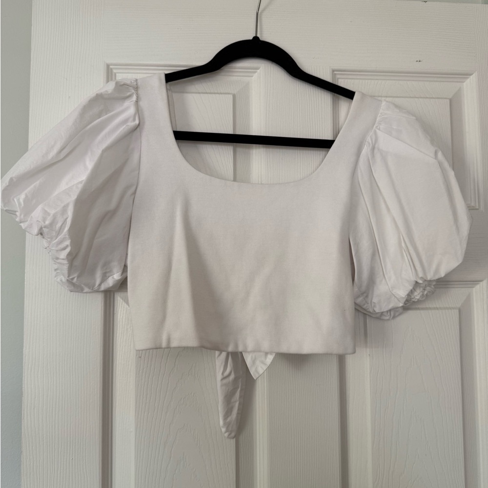 Endless Rose | White Puff-Sleeve Crop Top w/ Tie Back (Size Medium)